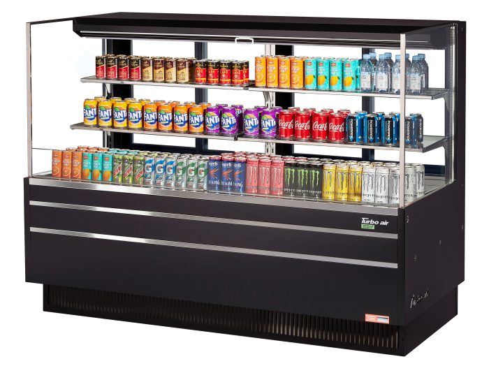 Turbo Air TOM-72L-UFD-B-3S-N 70 3/4" Black Low Profile Horizontal Open Air Cooler w/ (3) Levels – Ultra Front Deluxe Merchandiser, 220v/1ph - Donut-Supplies.Com