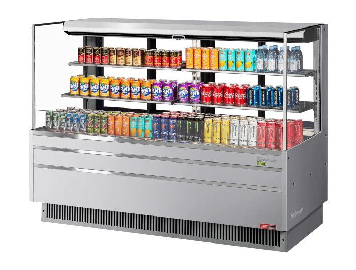 Turbo Air TOM-72L-UFD-S-3S-N 70 3/4" Stainless Steel Low Profile Horizontal Open Air Cooler w/ (3) Levels – Ultra Front Deluxe Merchandiser, 220v/1ph - Donut-Supplies.Com