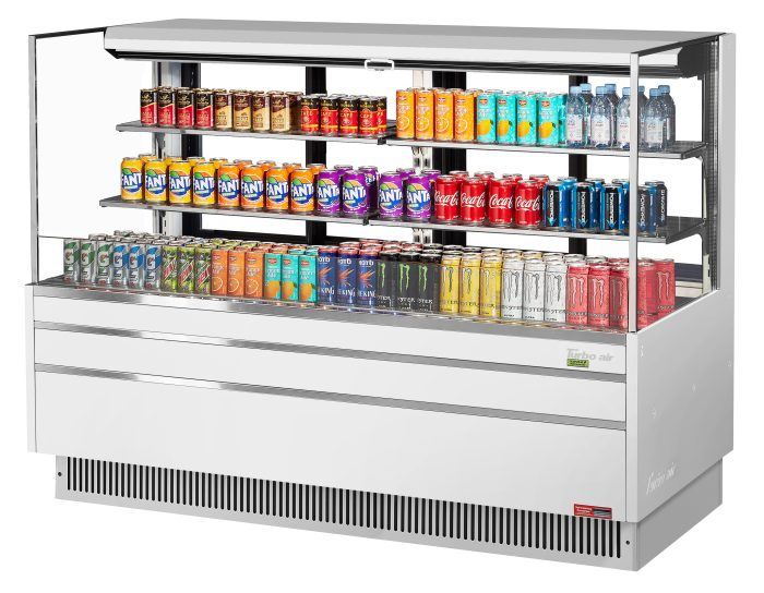 Turbo Air TOM-72L-UFD-W-3S-N 70 3/4" White Low Profile Horizontal Open Air Cooler w/ (3) Levels – Ultra Front Deluxe Merchandiser, 220v/1ph - Donut-Supplies.Com