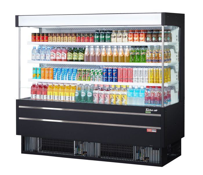 Turbo Air TOM-75MSEB-N 75 1/2" Black Narrow Depth Vertical Open Air Cooler / Air Curtain Display Case with (4) Levels, 220v - Donut-Supplies.Com