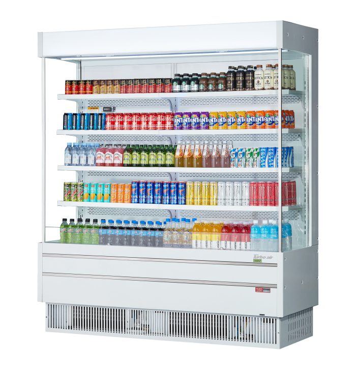 Turbo Air TOM-75SEW-N 76 1/2" White Narrow Depth Vertical Open Air Cooler / Air Curtain Display Case with (5) Levels, 220v/1ph - Donut-Equipment.com