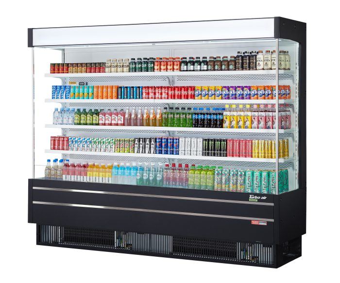 Turbo Air TOM-96SEB-N 100 1/8" Black Narrow Depth Vertical Open Air Cooler / Air Curtain Display Case with (5) Levels, 220v/1ph - Donut-Supplies.Com
