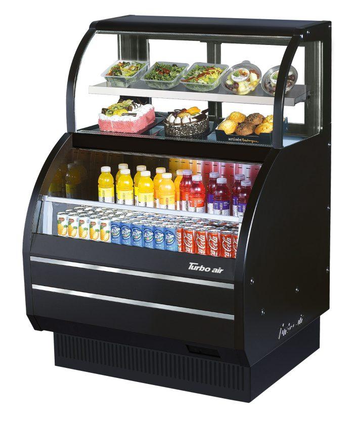 Turbo Air TOM-W-40SB-N 38 7/8" Black Horizontal Open Air Cooler w/ (4) Levels – Wide Display Merchandiser, 115v - Donut-Equipment.com