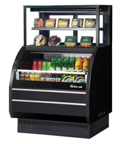Turbo Air TOM-W-40SB-UF-N 38 7/8" Black Horizontal Open Air Cooler w/ (4) Levels – Ultra Front Display Merchandiser, 115v - Donut-Equipment.com