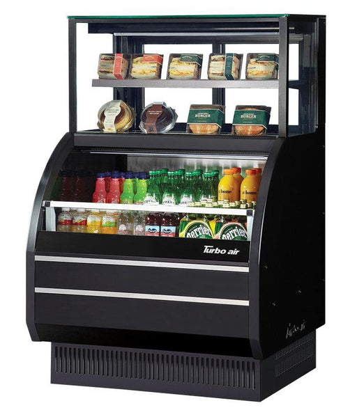 Turbo Air TOM-W-40SB-UF-N 38 7/8" Black Horizontal Open Air Cooler w/ (4) Levels – Ultra Front Display Merchandiser, 115v - Donut-Supplies.Com