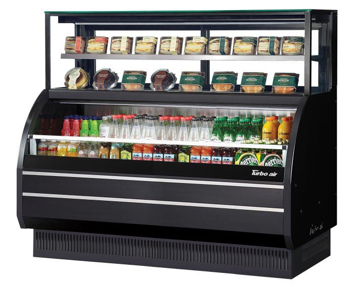 Turbo Air TOM-W-60SB-UF-N 62" Black Horizontal Open Air Cooler w/ (4) Levels – Ultra Front Display Merchandiser, 115v - Donut-Equipment.com