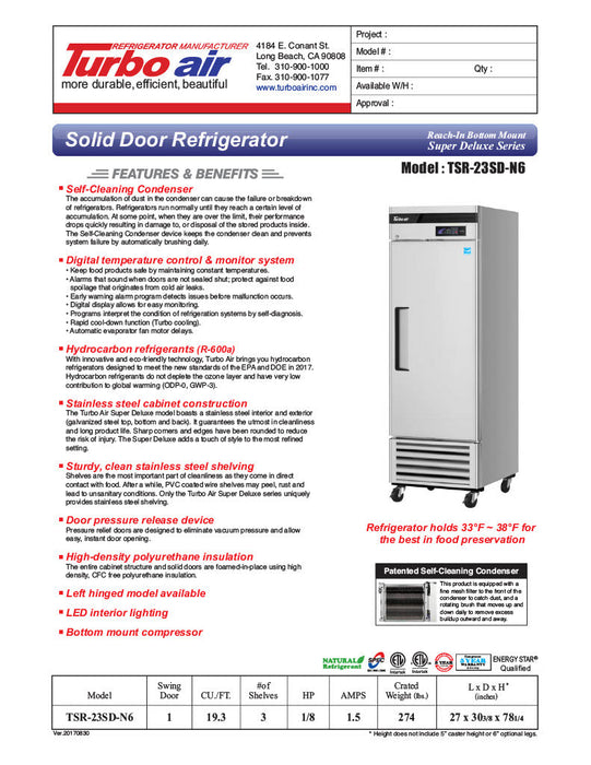 Turbo Air TSR-23SD-N6 Super Deluxe 27" Bottom Mounted Solid Door Reach-In Refrigerator with LED Lighting - Donut-Equipment.com
