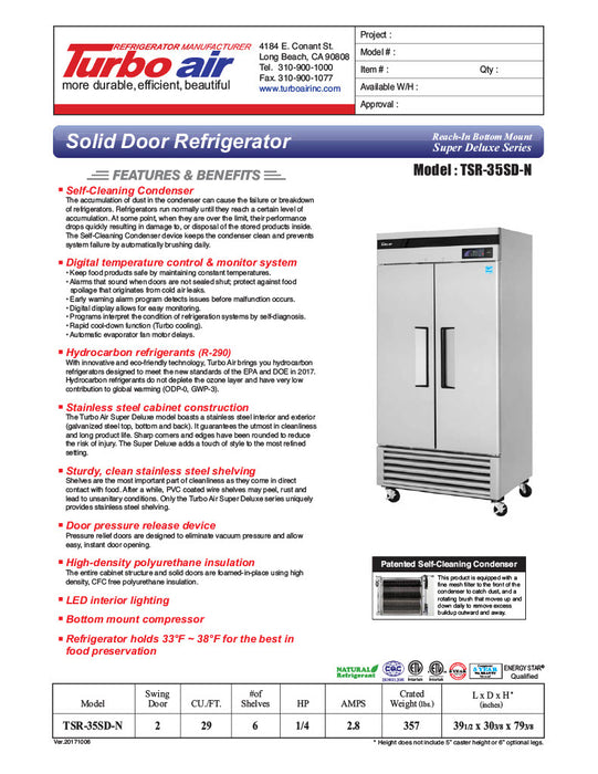 Turbo Air TSR-35SD-N Super Deluxe 40" Bottom Mounted Solid Door Reach-In Refrigerator with LED Lighting - Donut-Supplies.Com