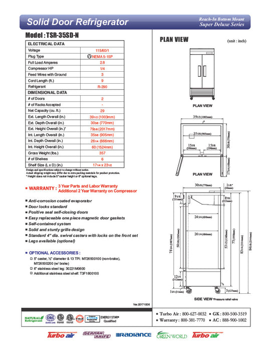 Turbo Air TSR-35SD-N Super Deluxe 40" Bottom Mounted Solid Door Reach-In Refrigerator with LED Lighting - Donut-Supplies.Com