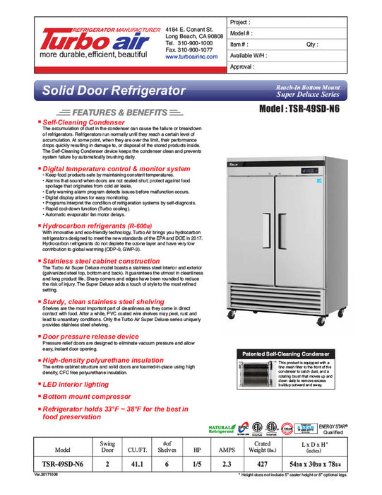 Turbo Air TSR-49SD-N6 Super Deluxe 54" Bottom Mounted Solid Door Reach-In Refrigerator with LED Lighting - Donut-Supplies.Com