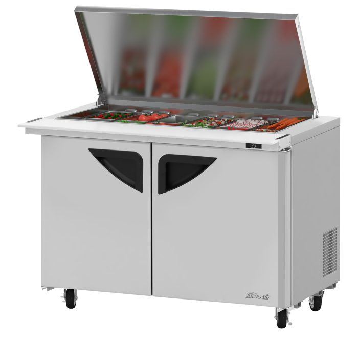 Turbo Air Super Deluxe TST-48SD-18-N-FL 48" 2 Door Refrigerated Mega Top Sandwich Prep Table with Flat Lid - Donut-Equipment.com