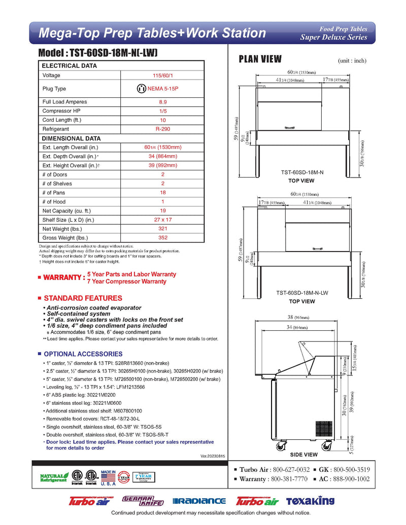 Turbo Air Super Deluxe TST-60SD-18M-N-LW 60" 2 Door Mega Top Refrigerated Sandwich Prep Table with Left Work Station - Donut-Equipment.com