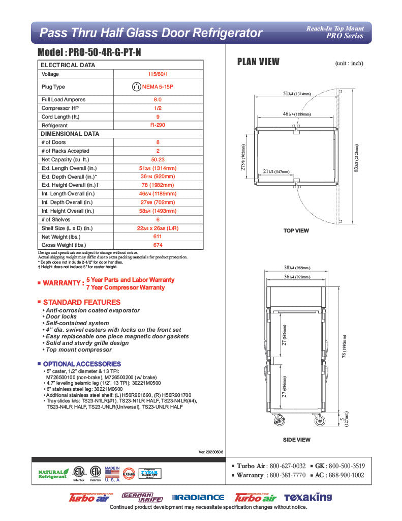 Turbo Air PRO-50-4R-G-PT-N 51 3/4" Two Section Pass Thru Refrigerator, (8) Left/Right Hinge Glass Doors, 115v - Donut-Equipment.com