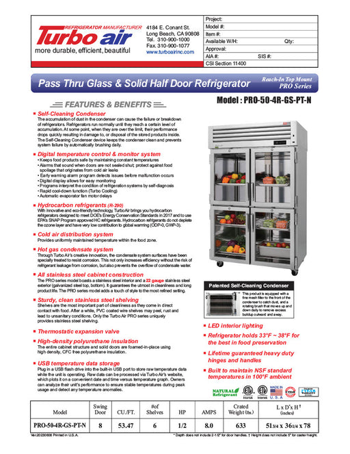 Turbo Air PRO-50-4R-GS-PT-N 51 3/4" Two Section Pass Thru Refrigerator, (4) Glass Doors, (4) Solid Doors, Left/Right Hinge, 115v - Donut-Supplies.Com