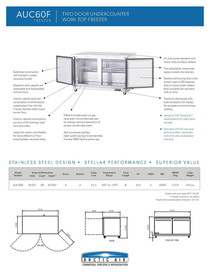 Arctic Air AUC60F 60" Undercounter Freezer - Donut-Supplies.Com