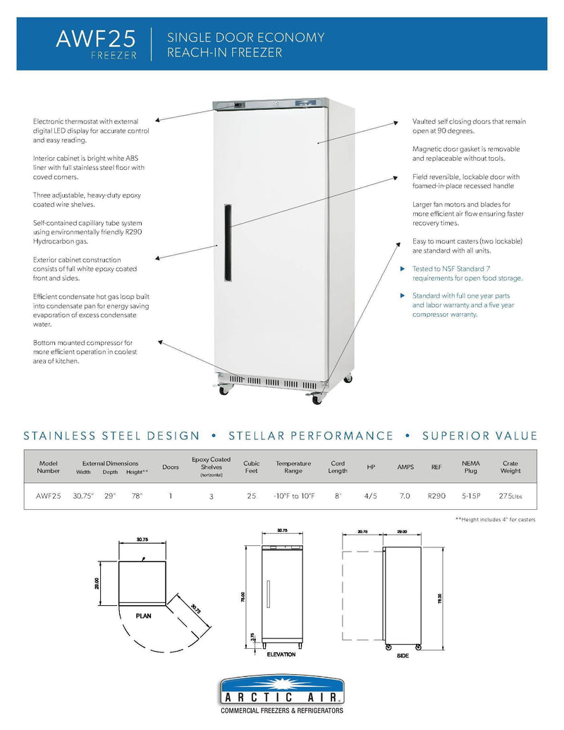 Arctic Air AWF25 White Single Door Reach In Freezer - Donut-Supplies.Com