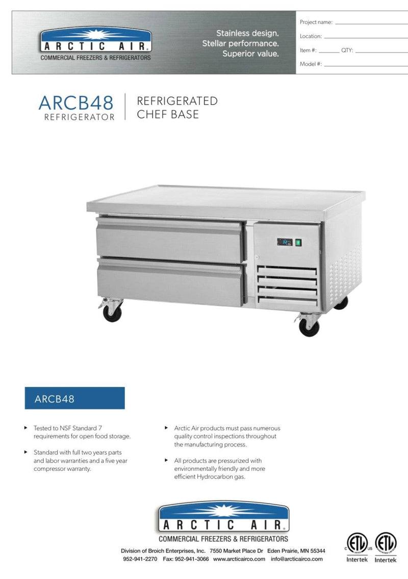 Arctic Air ARCB48 50" Two Drawer Refrigerated Chef Base - Donut-Supplies.Com