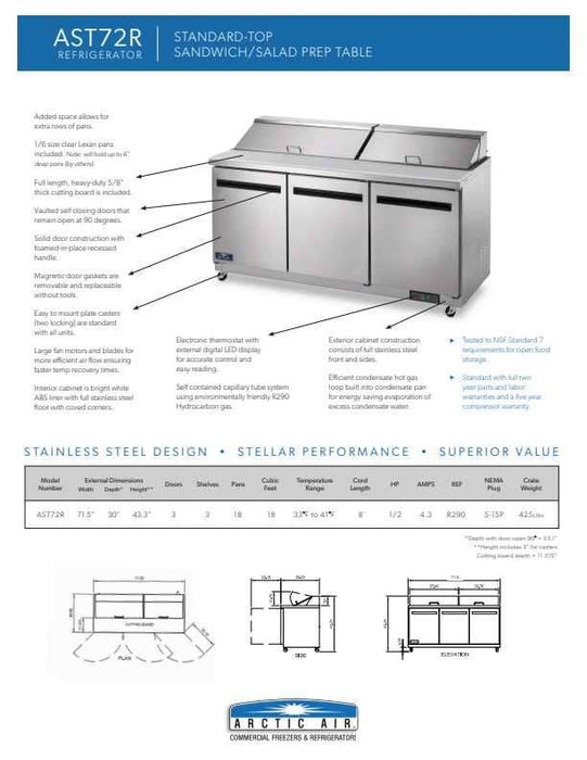 Arctic Air AS72R 72" Two Door Sandwich / Salad Prep Refrigerator