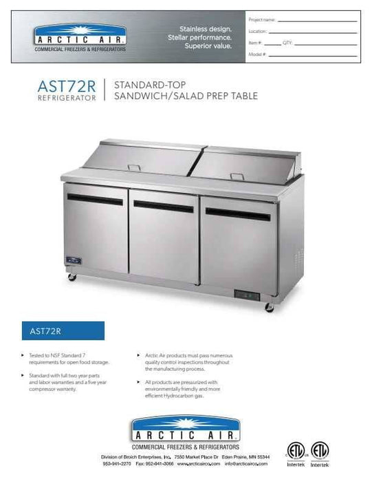 Arctic Air AS72R 72" Two Door Sandwich / Salad Prep Refrigerator