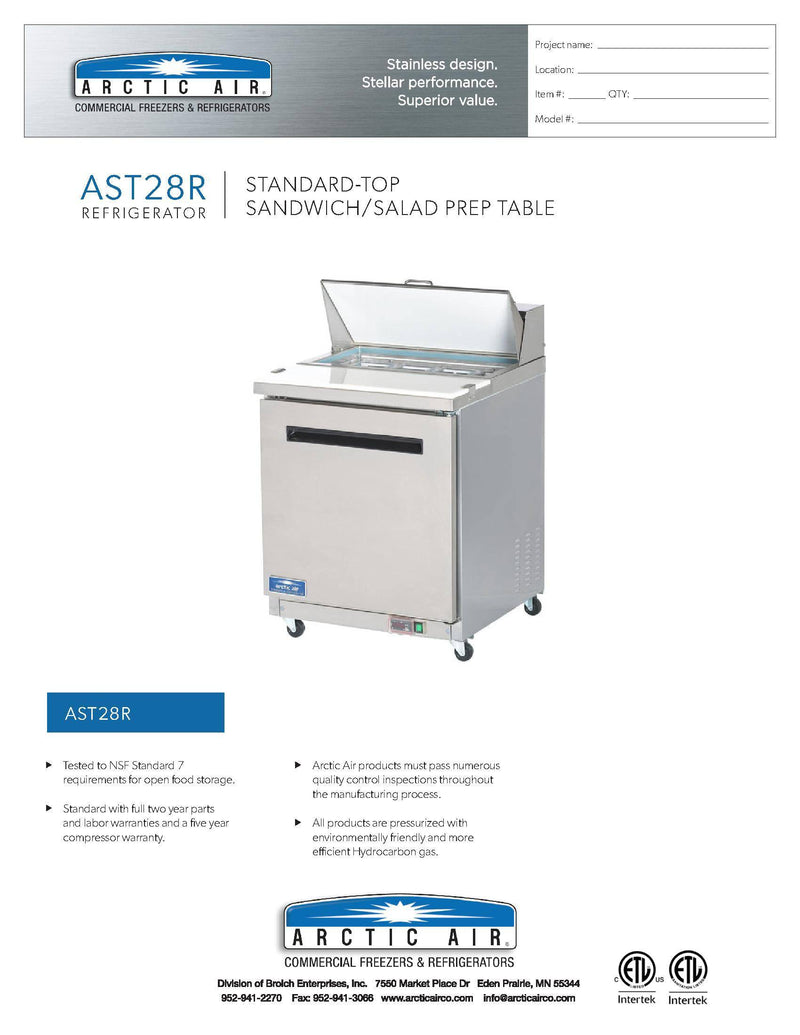 Arctic Air AST28R One Door Sandwich / Salad Prep Refrigerator - Donut-Supplies.Com
