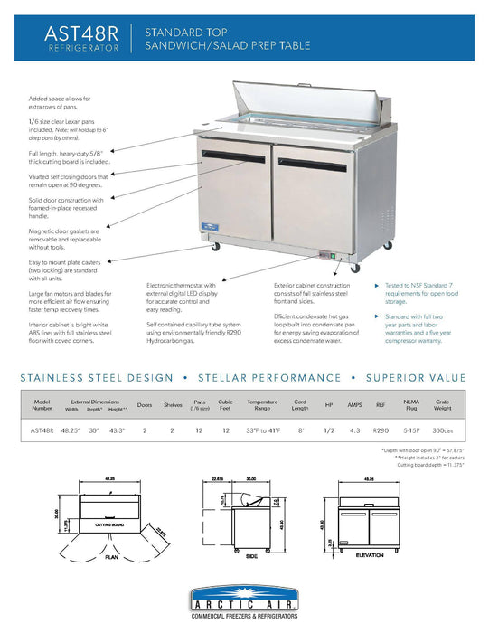 Arctic Air AST48R 48" Two Door Sandwich / Salad Prep Refrigerator