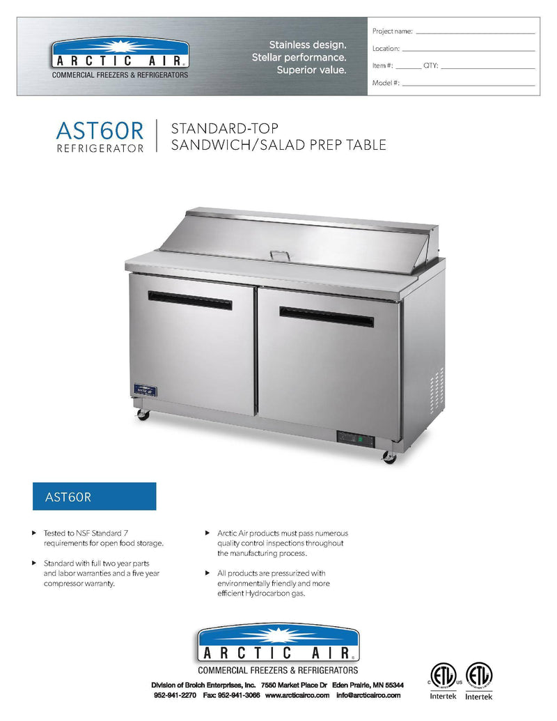 Arctic Air AST60R 60" Two Door Sandwich / Salad Prep Refrigerator - Donut-Supplies.Com