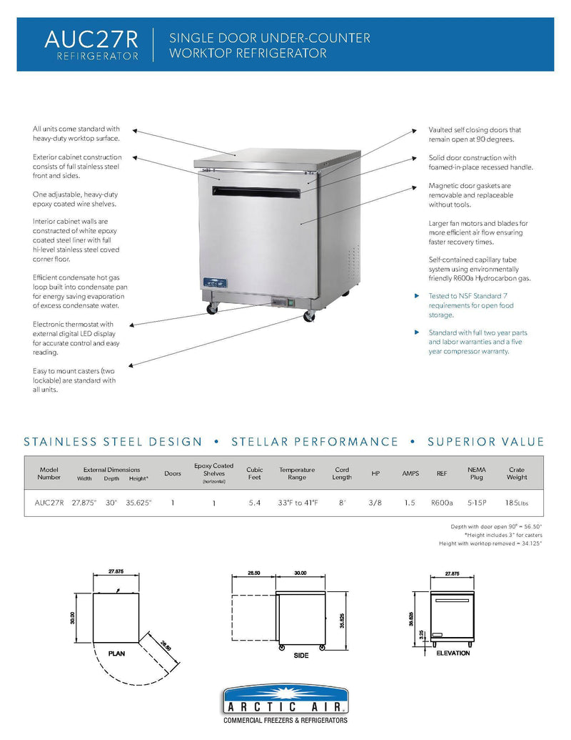 Arctic Air AUC27R 27" Under-counter Refrigerator - Donut-Supplies.Com