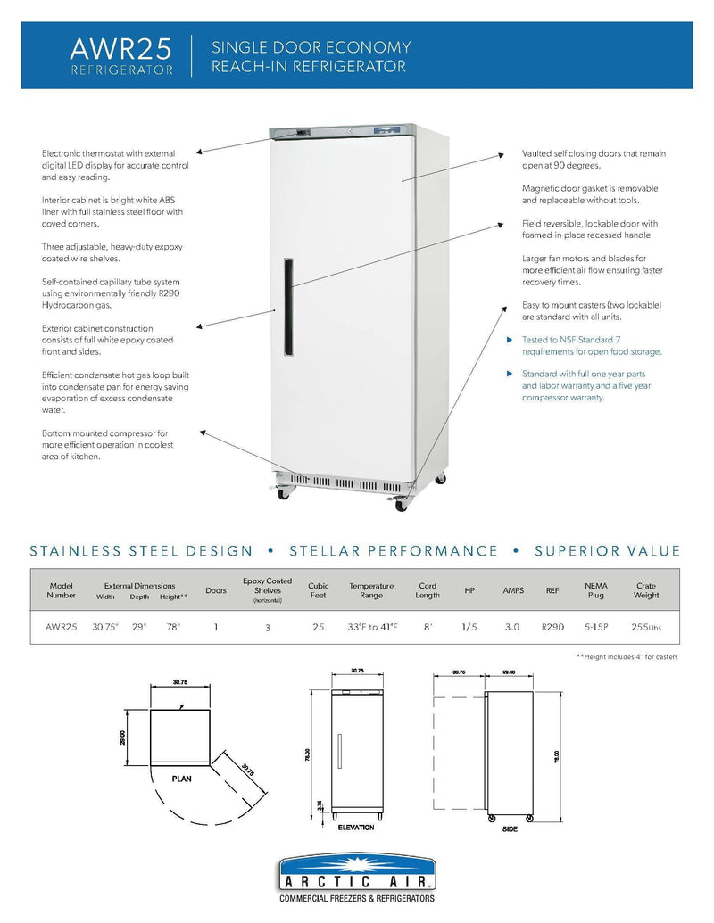Arctic Air AWR25 White Single Door Reach In Refrigerator - Donut-Supplies.Com