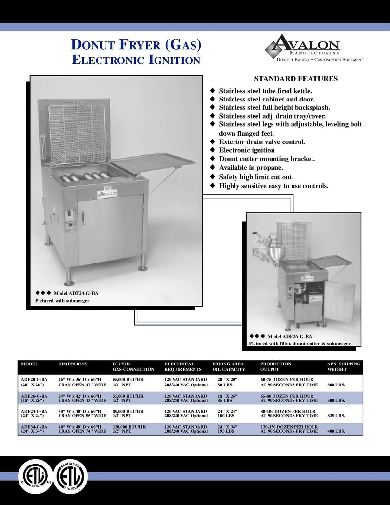 Avalon 18" x 26" Donut Fryer, Natural Gas, Electronic Ignition, Left Side Drain Board (ADF26G-BA) - Donut-Supplies.Com