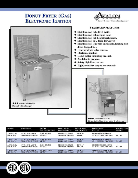 Avalon 18" x 26" Donut Fryer, Natural Gas, Electronic Ignition, Left Side Drain Board (ADF26G-BA)