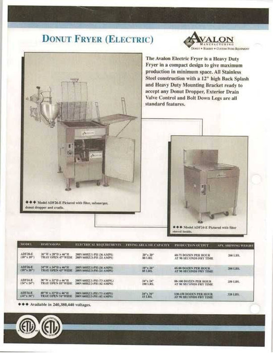 Avalon (ADF26-E-3) 18" X 26" Donut Fryer, Electric (3 phase), Right Side Drain Board with Submerger Screen