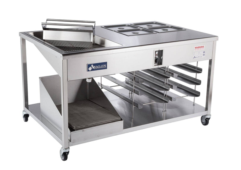 Avalon (HI24G24) "24 x24" Heated Icing with a 24" x 24" Glazer (Not Heated), built into a Stainless Prep Table with Pan slides and Screen Drain - Donut-Supplies.Com