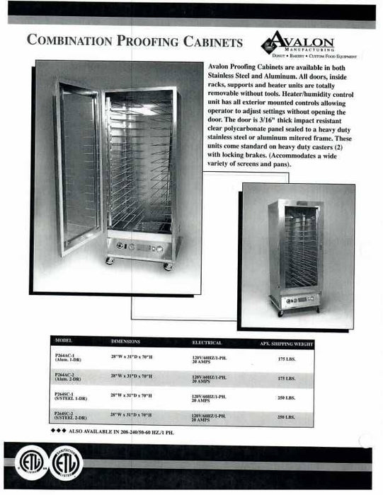 Avalon (P264SC-1) Stainless Steel Proofing Cabinet 120V/1Phase Single Door-Left Side Hinge