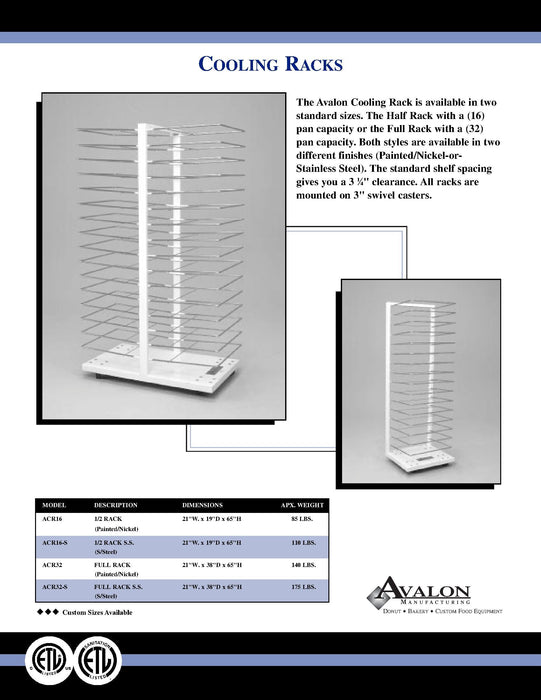 Avalon ACR16-S Stainless Steel Cooling Rack With 16 Slides 1/2 Racks On 3" Casters