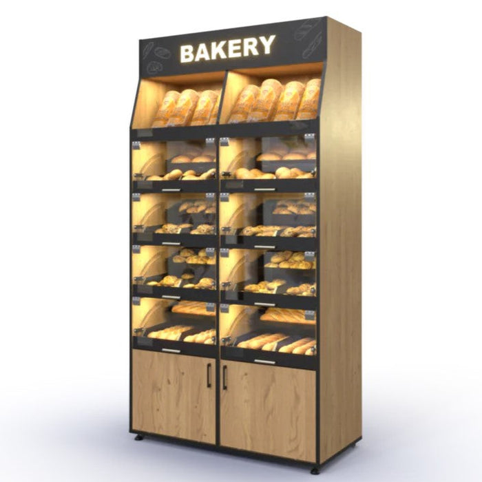 Palram Bakery Backwall Display System with Open Upper Compartments & Lower Storage – 40"W x 78"H x 20"D - Donut-Equipment.com