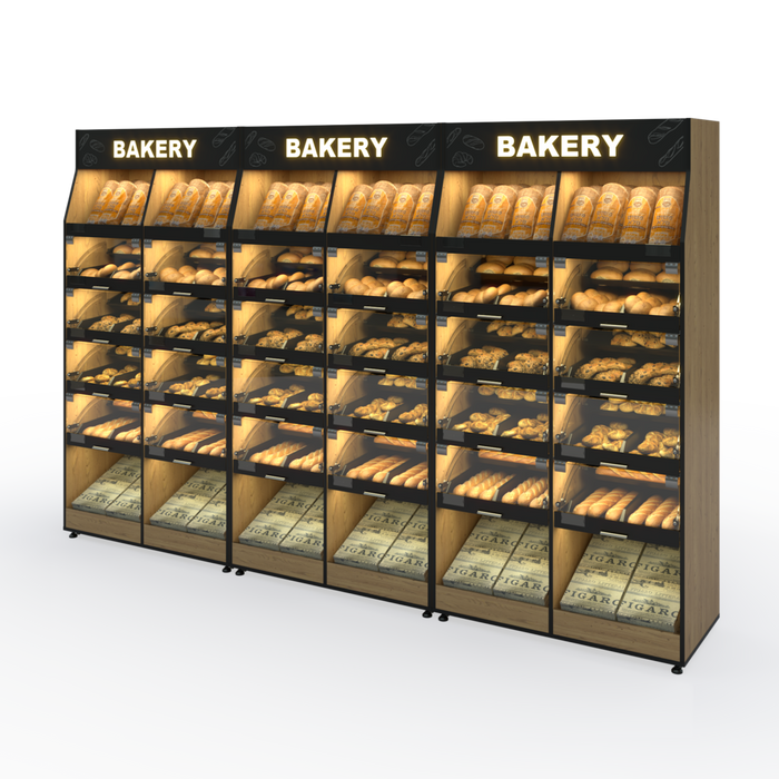 Palram Bakery Backwall Gondola Display System (3-Unit Set) with Open Compartments & Storage – 120"W Total (3 × 40"W x 78"H x 20"D, Up to 72 SKU Capacity) - Donut-Equipment.com