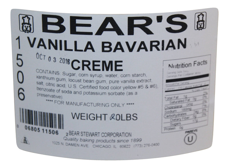 Bear Stewart Vanilla Bavarian Creme Pastry, Pie and Cake Filling- 20 Pound Pail - Donut-Supplies.Com