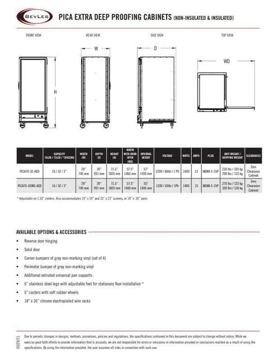 Bevles Model: PICA70-32INS-AED-1L1 Extra Deep (115V) Left Hand Hinged Single Door Proofing Cabinet (Insulated)