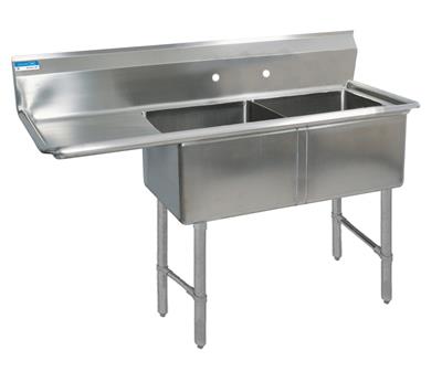 BK Resources Stainless Steel 2 Compartment Sink w/ 10" Riser & Left Drainboard – 20"L x 16"W x 14"D Bowls - Donut-Equipment.com