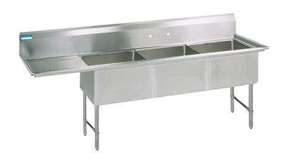 BK Resources Stainless Steel 3 Compartment Sink w/ 10" Riser & Left Drainboard – 20"L x 16"W x 14"D Bowls - Donut-Equipment.com
