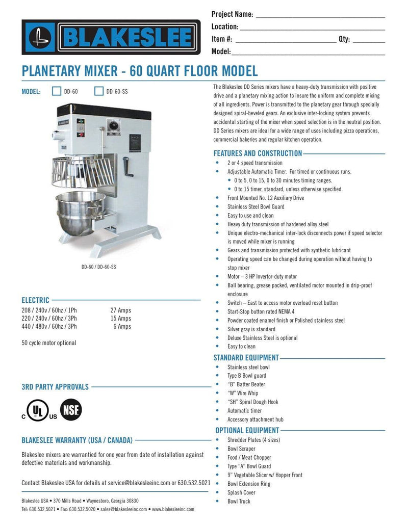 60 Quart Blakeslee Food Mixer Stainless Steel Floor Model DD-60 - Donut-Supplies.Com