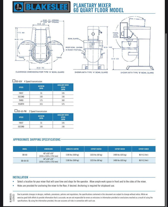 60 Quart Blakeslee Food Mixer Stainless Steel Floor Model DD-60