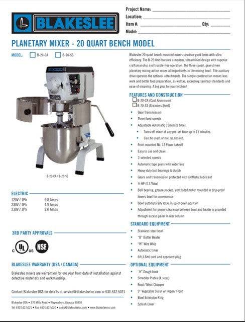20 Quart Blakeslee Food MIxer Bench Model B-20-CA - Donut-Supplies.Com