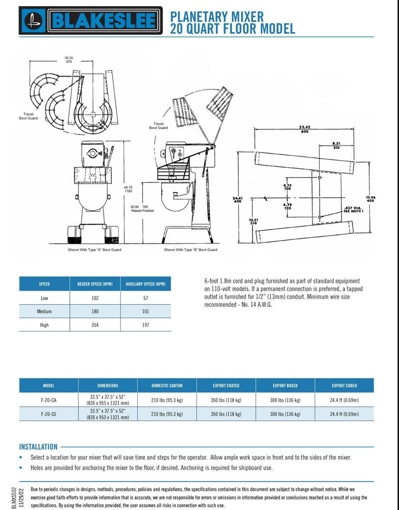 20 Quart Floor Model Blakeslee Food Mixer Model F-20-CA - Donut-Supplies.Com