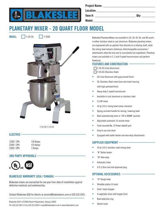 20 Quart Stainless Steel Floor Model Blakeslee Food Mixer Model F-20-SS