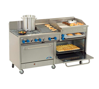 Comstock-Castle 2F330-1.5RB-30B 72" Gas Restaurant Range, 4 Open Burners, 27" Radiant Broiler, 30" Charbroiler, 2 Standard Ovens, Stainless Steel Front, 246,000 BTU - Donut-Supplies.Com