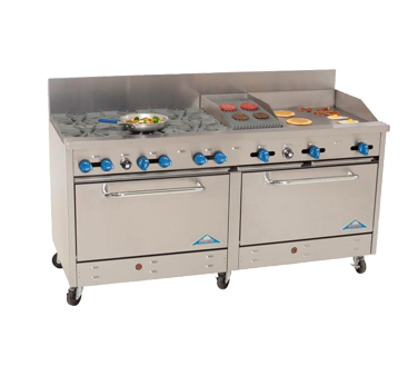Comstock-Castle 2F330-18-1.5RB 72" Gas Restaurant Range, 6 Open Burners, 18" Griddle, 18" Radiant Broiler, 2 Standard Ovens, Stainless Steel Front, 298,000 BTU - Donut-Supplies.Com