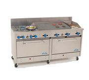 Comstock-Castle 2F330-18-2.5RB 72" Gas Restaurant Range, 4 Open Burners, 18" Griddle, 30" Radiant Broiler, 2 Standard Ovens, Stainless Steel Front, 246,000 BTU - Donut-Supplies.Com