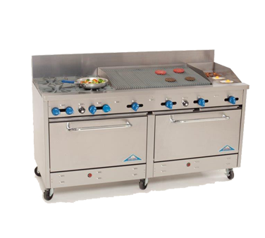 Comstock-Castle 2F330-18-2.5RB 72" Gas Restaurant Range, 4 Open Burners, 18" Griddle, 30" Radiant Broiler, 2 Standard Ovens, Stainless Steel Front, 246,000 BTU - Donut-Supplies.Com