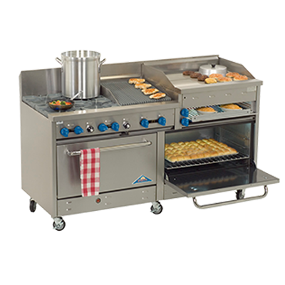 Comstock-Castle 2F330-2.5RB-30B 72" Gas Restaurant Range, 2 Open Burners, 30" Radiant Broiler, 30" Charbroiler, 2 Standard Ovens, Stainless Steel Front, 238,000 BTU - Donut-Supplies.Com
